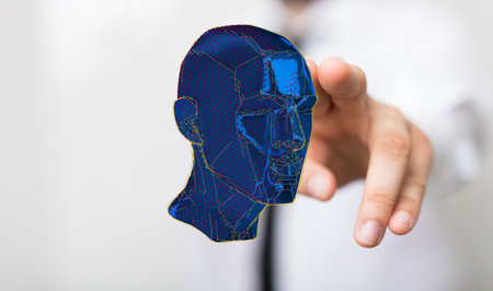 An abstract polygonal human face - 3D render of a cyborg head constructionの写真素材
