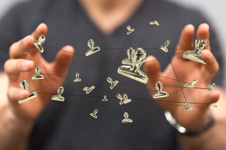 A 3D render of person icons floating in the air with a Caucasian man holding up his hands in the backの写真素材