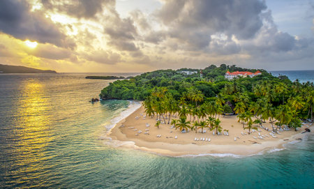An aerial view of an island covered in green natureの写真素材