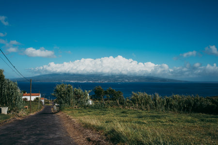 A road passing through scenic landscapes and leading to the seashoreの写真素材