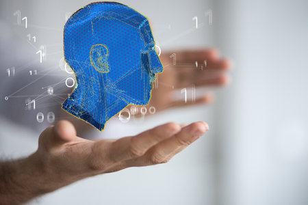 A digital illustration of a human head on a hand and binary code