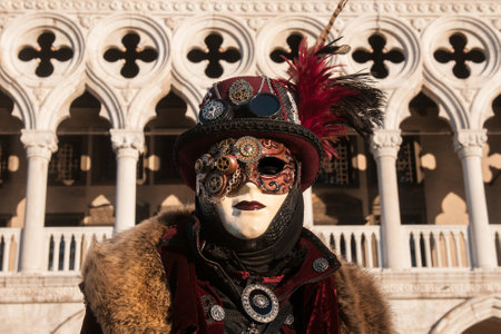 A person wearing a facemask, carnival costume and hat standing in front of Doge's palaceの写真素材