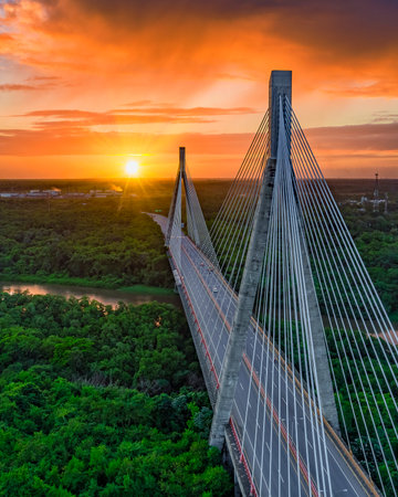 An aerial view of the Puente Mauricio Baez, a cable-stayed bridge in Dominican Republic