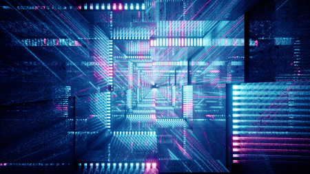 A 3D rendering of distorted square hallway with colorful neon lights