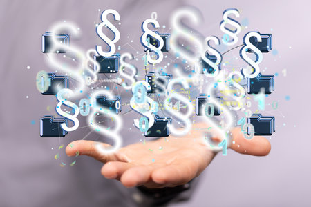 A closeup of floating 3D rendered justice symbols with a man holding them in the background.の写真素材