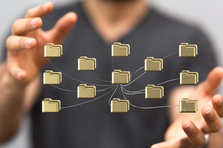 A closeup of a 3d rendered computer files coming from it in the middle of man's handsの写真素材