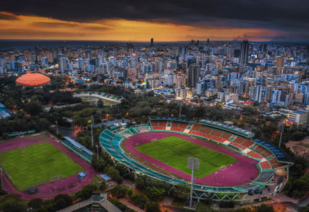 An aerial view of the Felix Sanchez Olympic Stadiumの写真素材