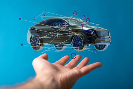 The 3D rendered hologram of a car with binary numbers hovering over a hand.の写真素材
