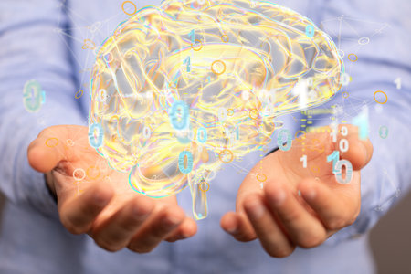 A person presenting the virtual projection of the human brain surrounded by 1s and 0sの写真素材