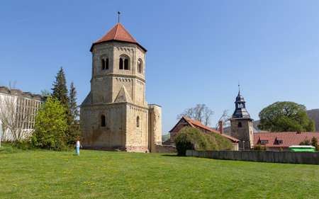 A view of a tower of the monastery Gollingen, Kyffhauserkreis, Thuringia, Germanyの写真素材