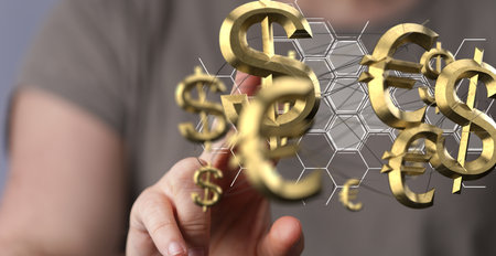 A person presenting the 3D render of dollar and euro symbolsの写真素材