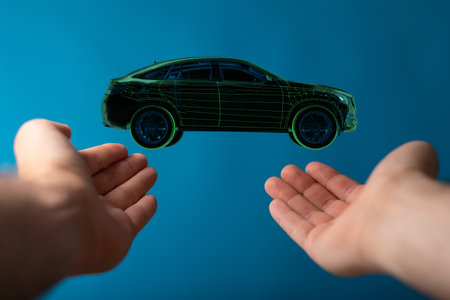 A digital illustration of car in handsの写真素材