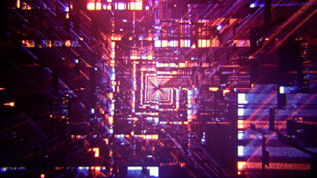 A 3D rendering of distorted square hallway with colorful neon lights