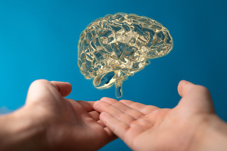 A 3D rendering of a brain in man's hands isolated on a blue backgroundの写真素材