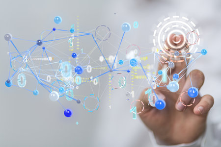 A person's hand touching a 3D rendered connected dataの写真素材
