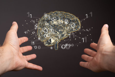 A person presenting the virtual projection of the human brain surrounded by 1s and 0sの写真素材