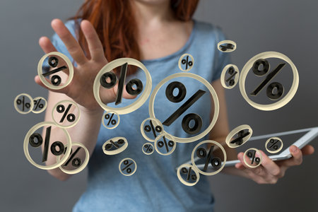 A digital concept of sales and discounts with floating percent signs in 3D