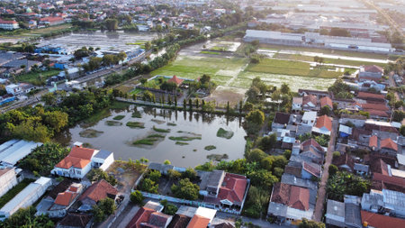 An aerial view of Sidoarjo at sunset, East Javaの写真素材