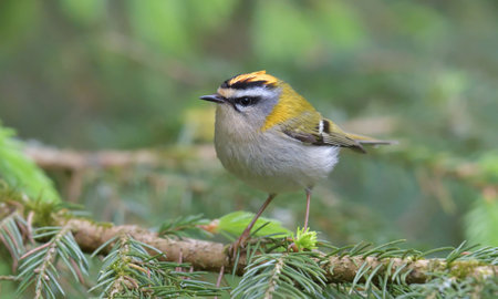 A selective focus shot of a kinglet bird perched outdoorsの写真素材