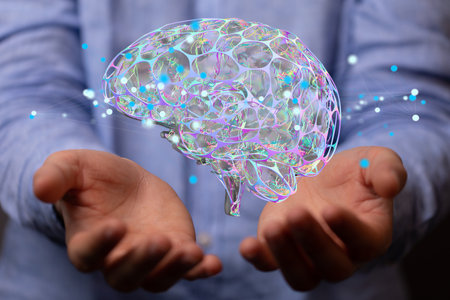 A person presenting the virtual projection of the human brain surrounded by netwo