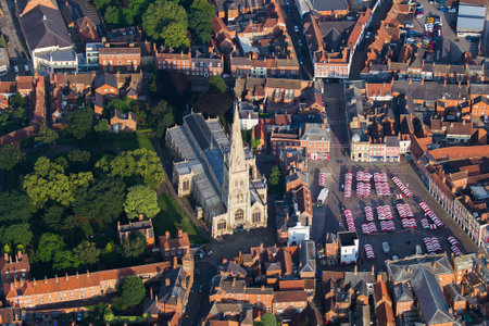An aerial shot of the St Mary Magdalene Church in Newark-on-Trent, Englandの写真素材