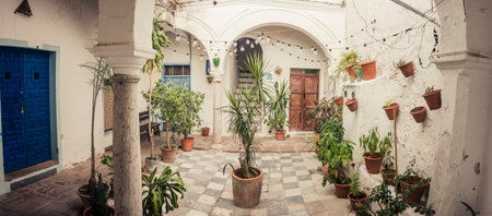 A typical Spanish courtyard in Tarifa, Andalusia, Spain.の写真素材