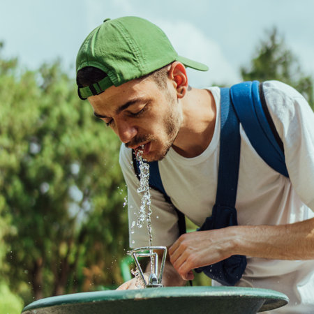 A shallow focus of a young man wearing a cap and drinking water from a drinking fountain in a parkの写真素材