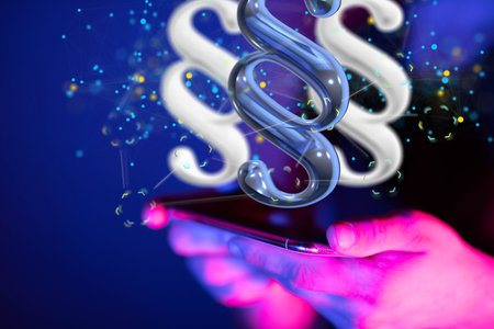 A male's hands holding illustrated law paragraphs - Law and justice concept modernの写真素材