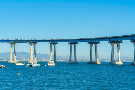 A beautiful view of a long bridge in a bay of San Diego, Coloradoの写真素材