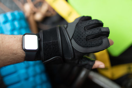 A closeup of a man's hand looking at hand watch with a white screen for your textの写真素材