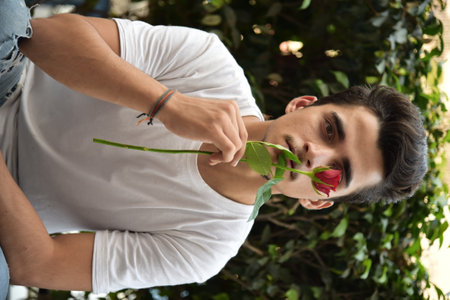 An attractive Southeast Asian male holding a stem of red roseの写真素材