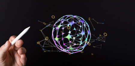 A hand touching a globe with lines and numbers - the concept of data network