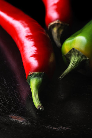 A vertical high-angle shot of spicy red and green chili peppersの写真素材