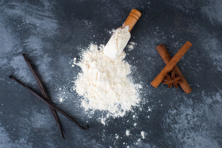 A closeup of flour, star anise, cinnamon, and vanilla sticks on dark blue background.の写真素材