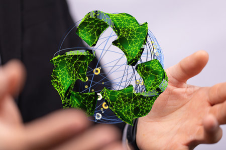 A hand holding an icon of recycling - the concept of sustainabilityの写真素材