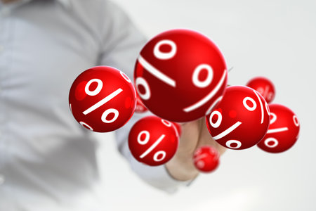 A 3D rendering of red percent signs hovering over a man's handsの写真素材