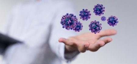 A person presenting a 3D render of mikro digital epidemic coronavirus nCoVの写真素材