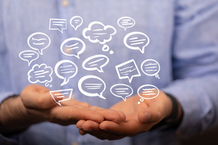 A person presenting a 3D render of empty speech bubble - feedback communication