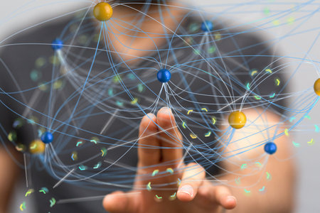 A closeup of a man touching a 3D rendered virtual connection hologram - digital network and data conceptの写真素材
