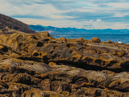 A landscape of the coast of Jaizkibel under the sunlight in Basque Country, Spainの写真素材