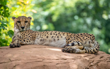 A closeup shot of a cheetah lying on a stone in a natureの写真素材