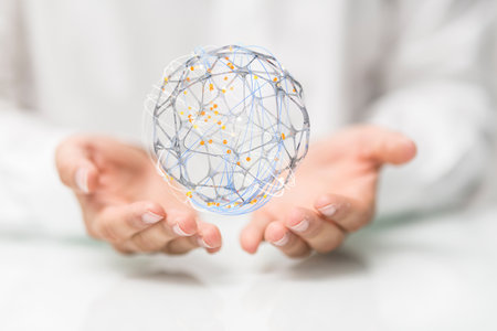 A person presenting a 3D render of the global network of peopleの写真素材