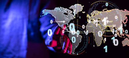 A person touching 3D rendered world map with binary codeの写真素材