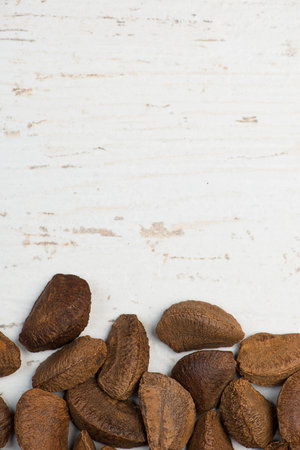 Pecan nuts on a textured shabby white background, healthy vegan foodの写真素材