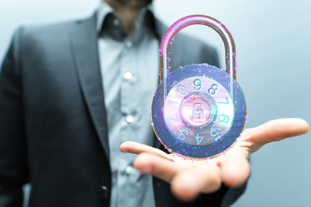 a male hand with 3d render of cybersecurity of digital network systems with computer security engineの写真素材