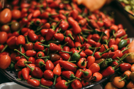 A closeup shot of a pile of red peppersの写真素材