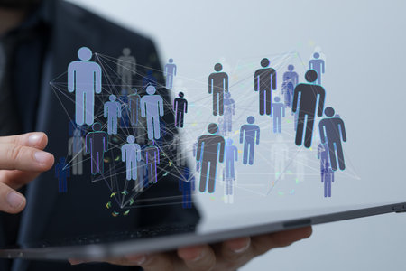 A digital network and data concept with a background of a man in the backgroundの写真素材