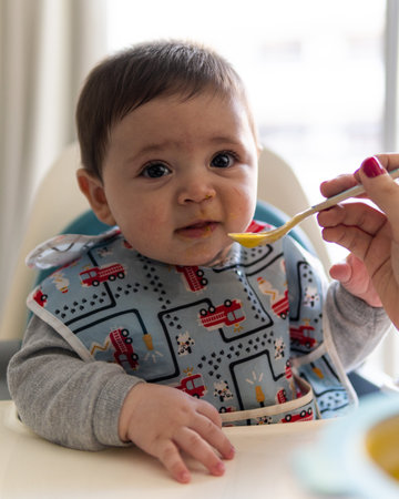 The Hispanic mother feeds the babyの写真素材