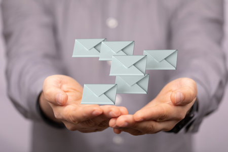 A 3D rendering of online message icons in hands; social chat cの写真素材