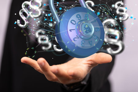 A closeup of 3D rendered paragraph section sign hovering in manâs handの写真素材